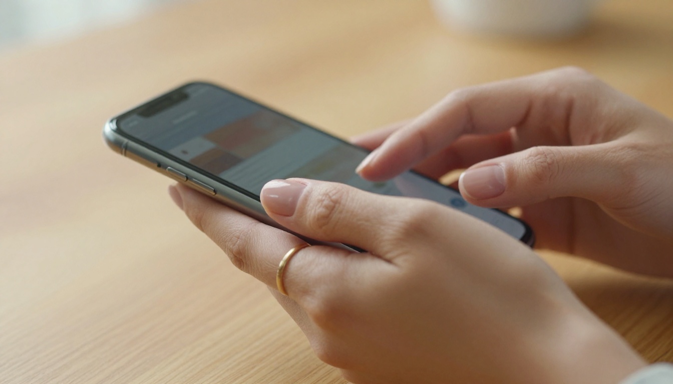 Close-up of elegant hands holding a locked smartphone