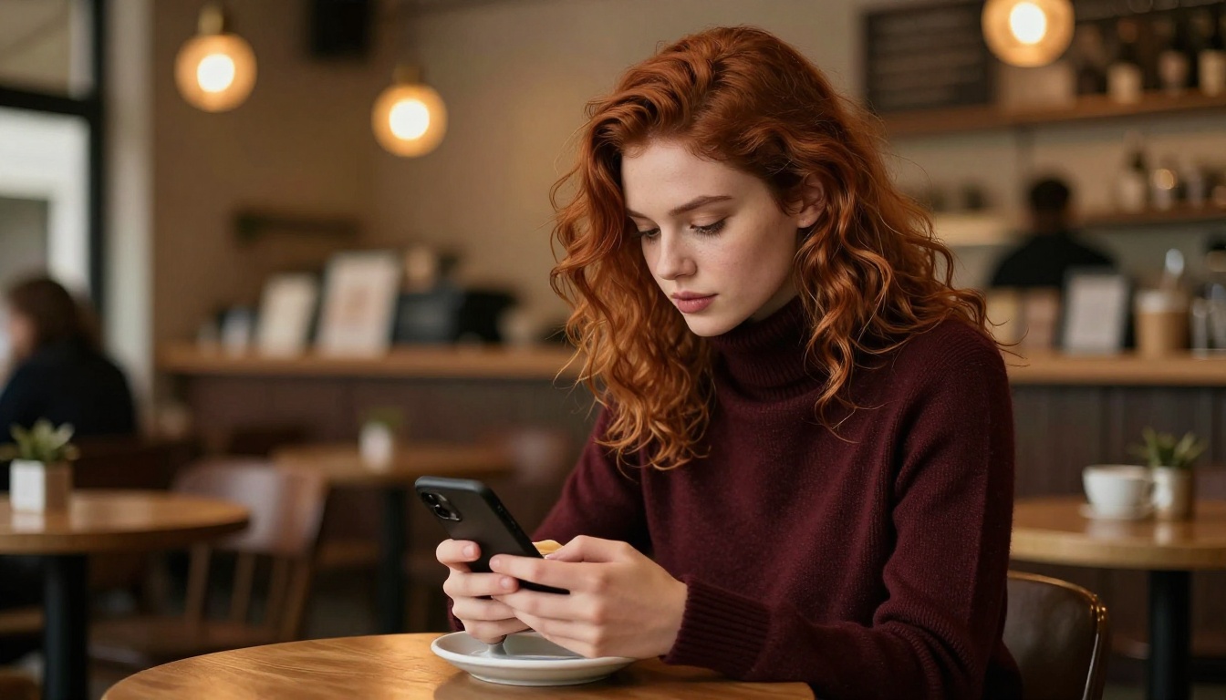 Woman at a cafe scrolling discreetly on her phone