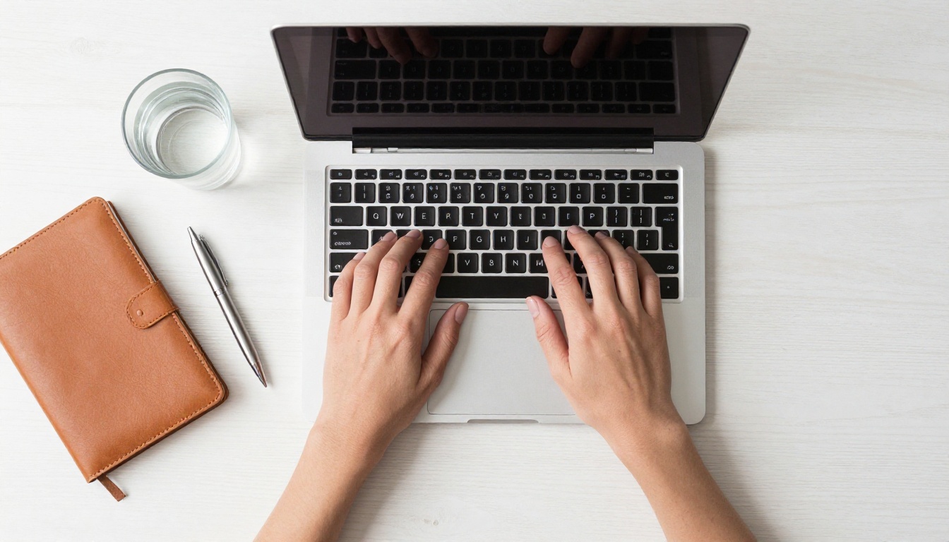 Aerial view of hands typing on a laptop on a clean desk