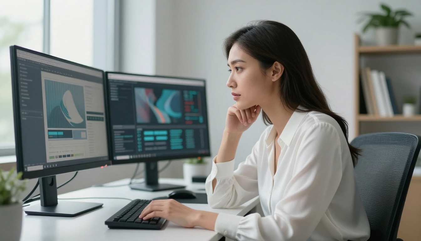 Professional woman reviewing data on dual monitors at a home office