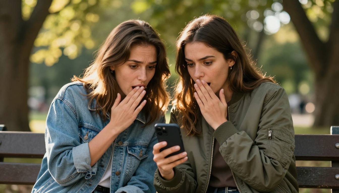 Two women friends sharing a phone screen outdoors on a sunny bench