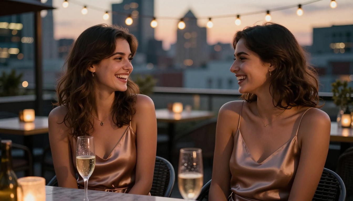Two women laughing at rooftop bar with city lights at dusk