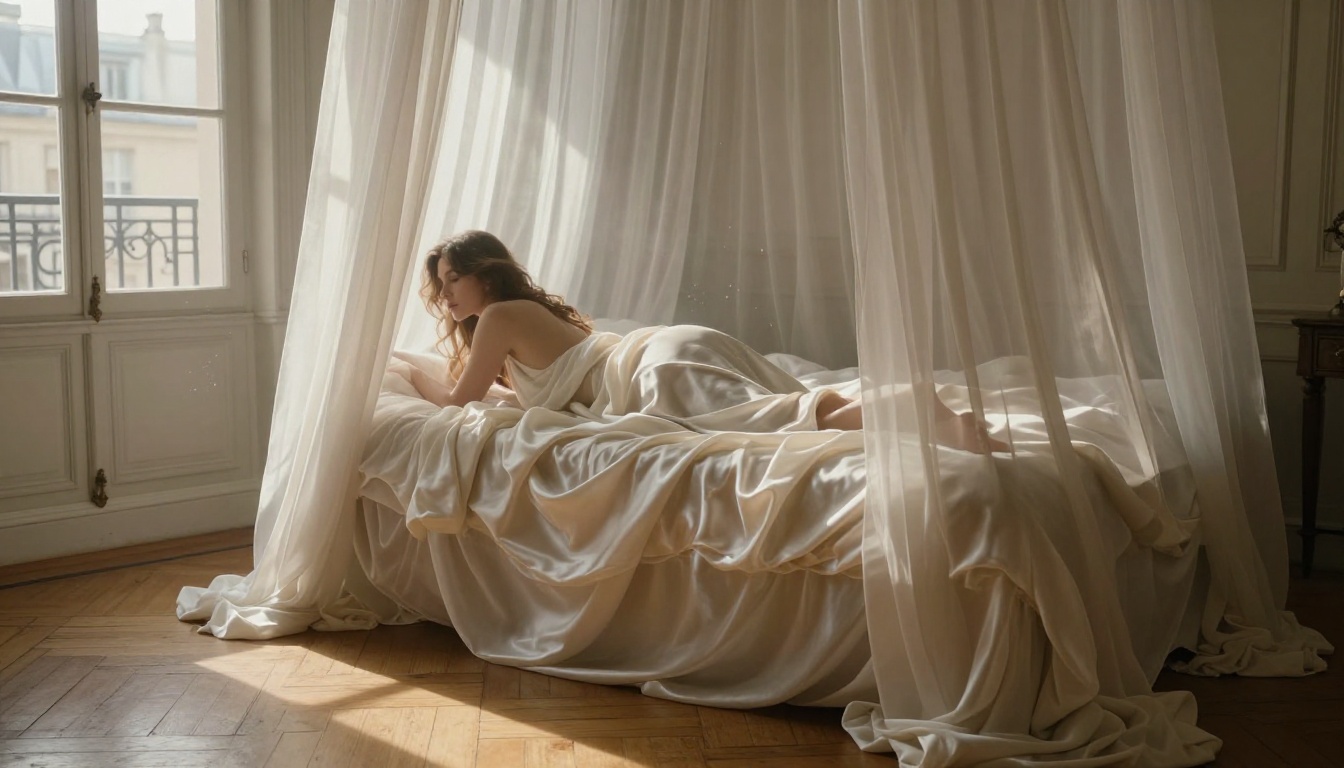 Artistic boudoir woman draped in ivory silk sheets Paris apartment morning light