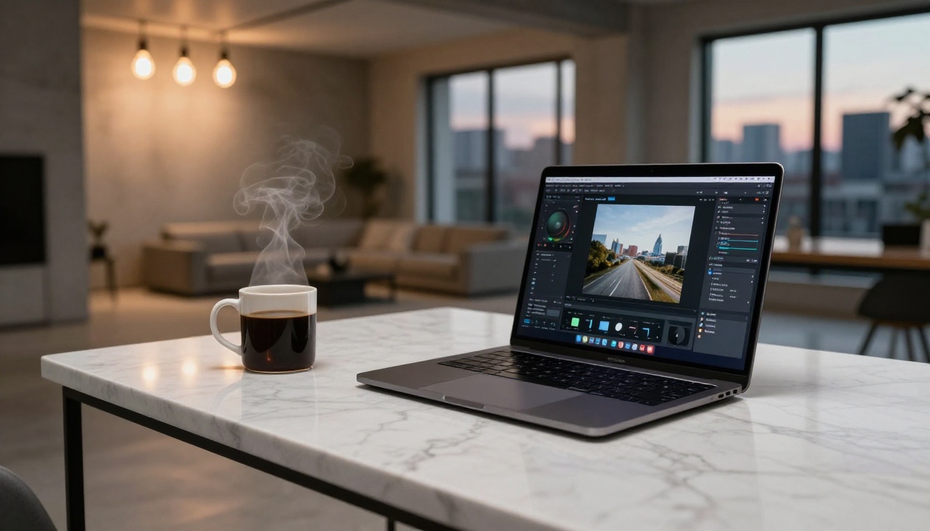 Modern minimalist home studio with laptop open to AI video generation interface, warm Edison bulb lighting, loft apartment at dusk