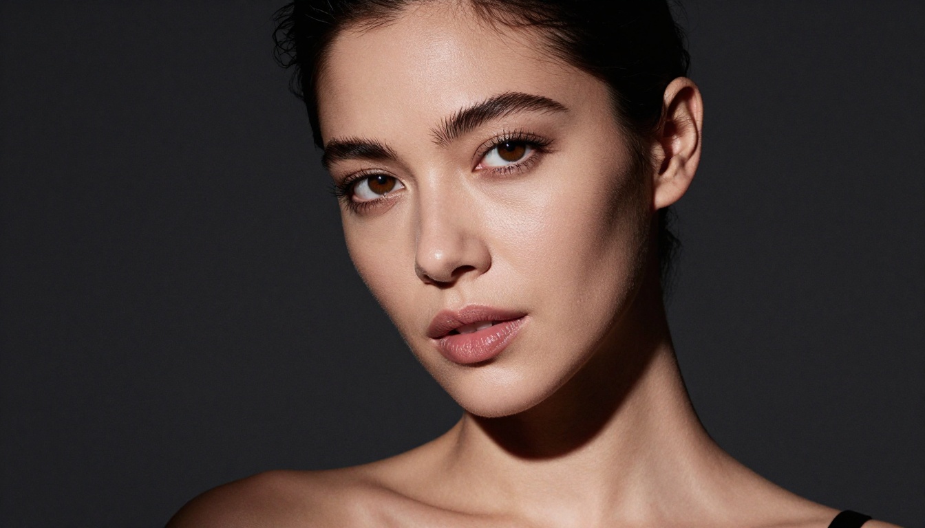 Studio close-up beauty editorial portrait with dramatic chiaroscuro lighting