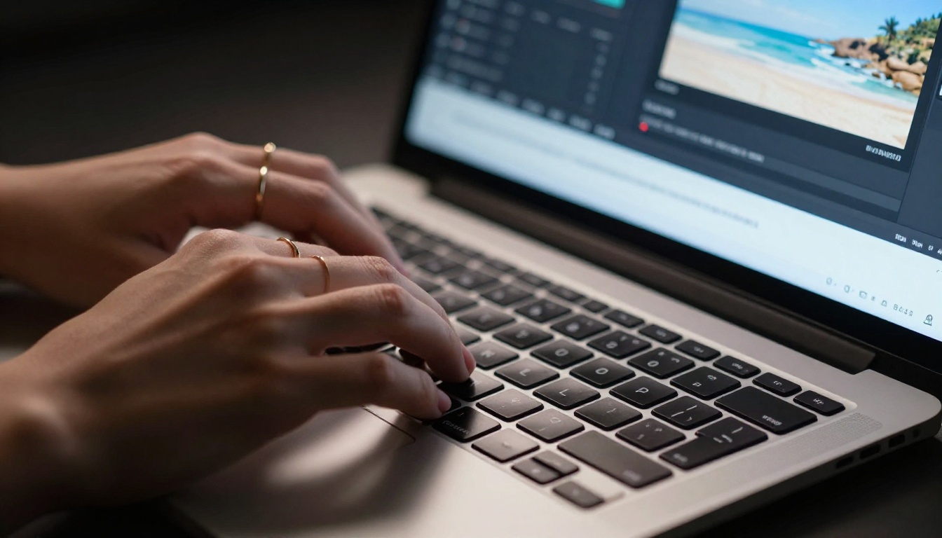 Close-up of hands typing on silver laptop keyboard, AI video generation interface on screen, dramatic studio lighting