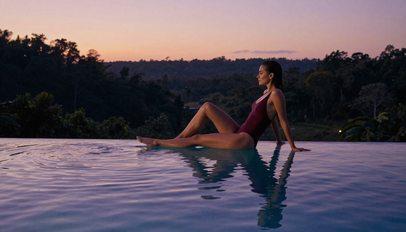Woman reclining at infinity pool at dusk, editorial lifestyle photography