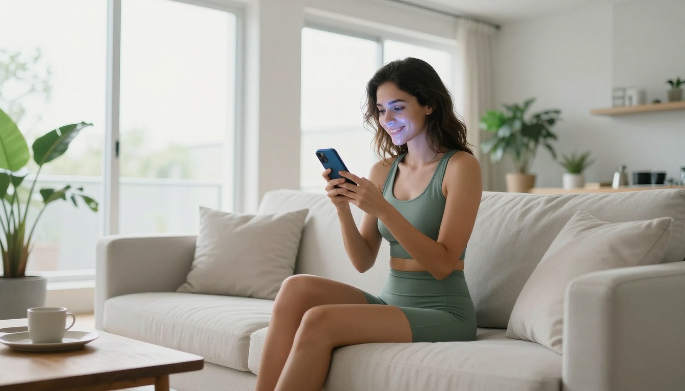 Young woman in sage green sports bra checking phone on minimalist white apartment couch, natural daylight, satisfied expression