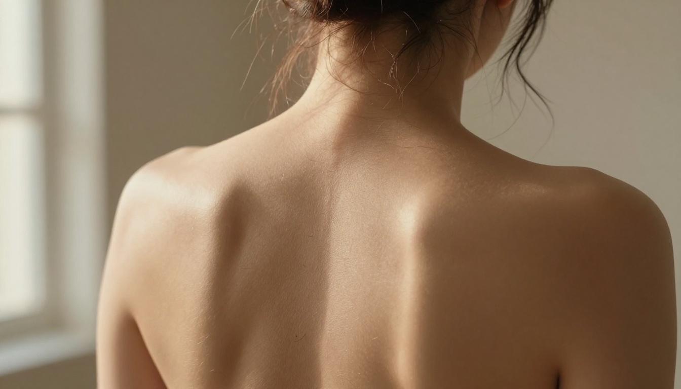 Extreme close-up macro of bare back with natural window light, photorealistic skin texture