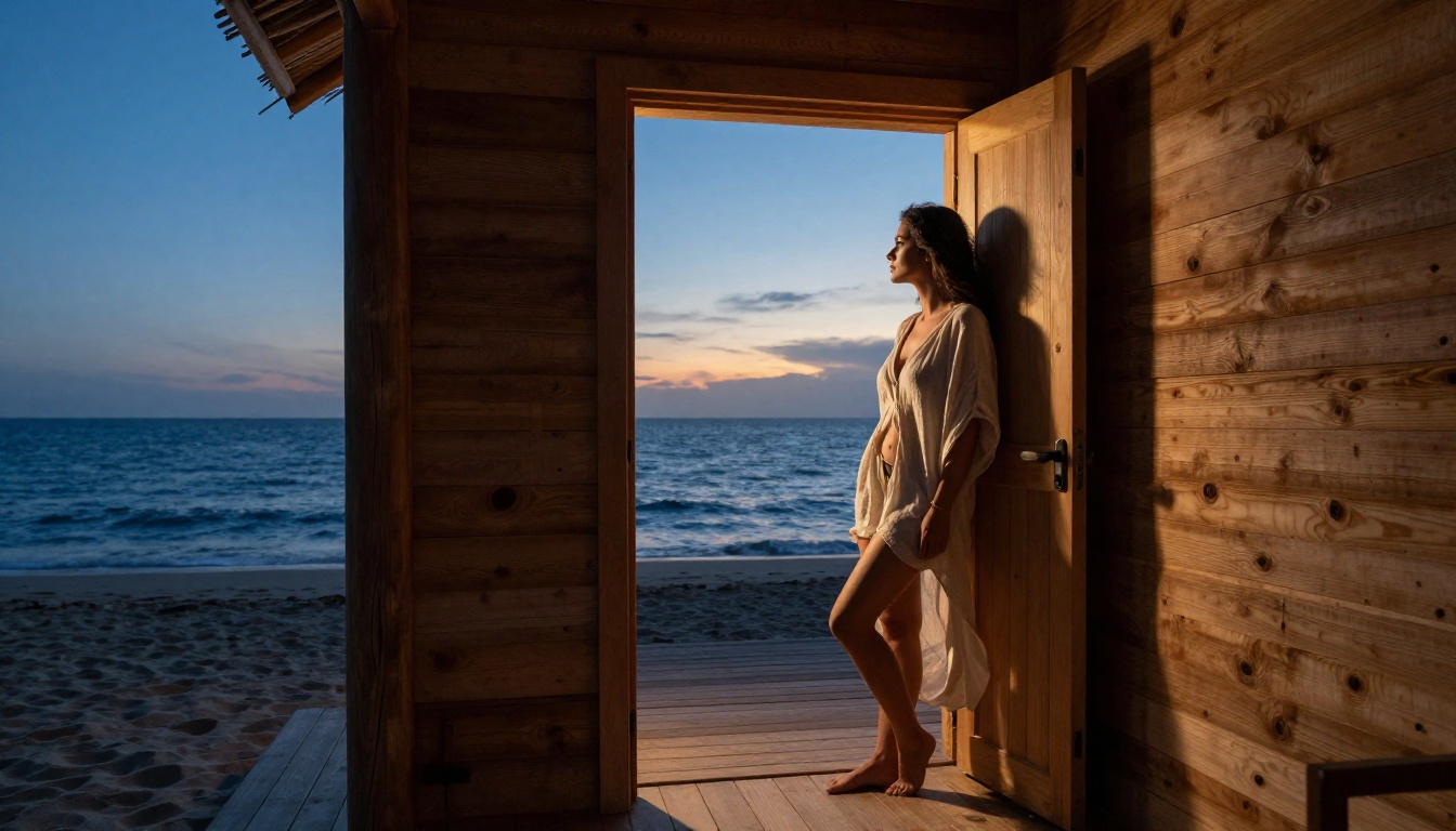 Woman standing in doorway of beach cabana at twilight, editorial lifestyle