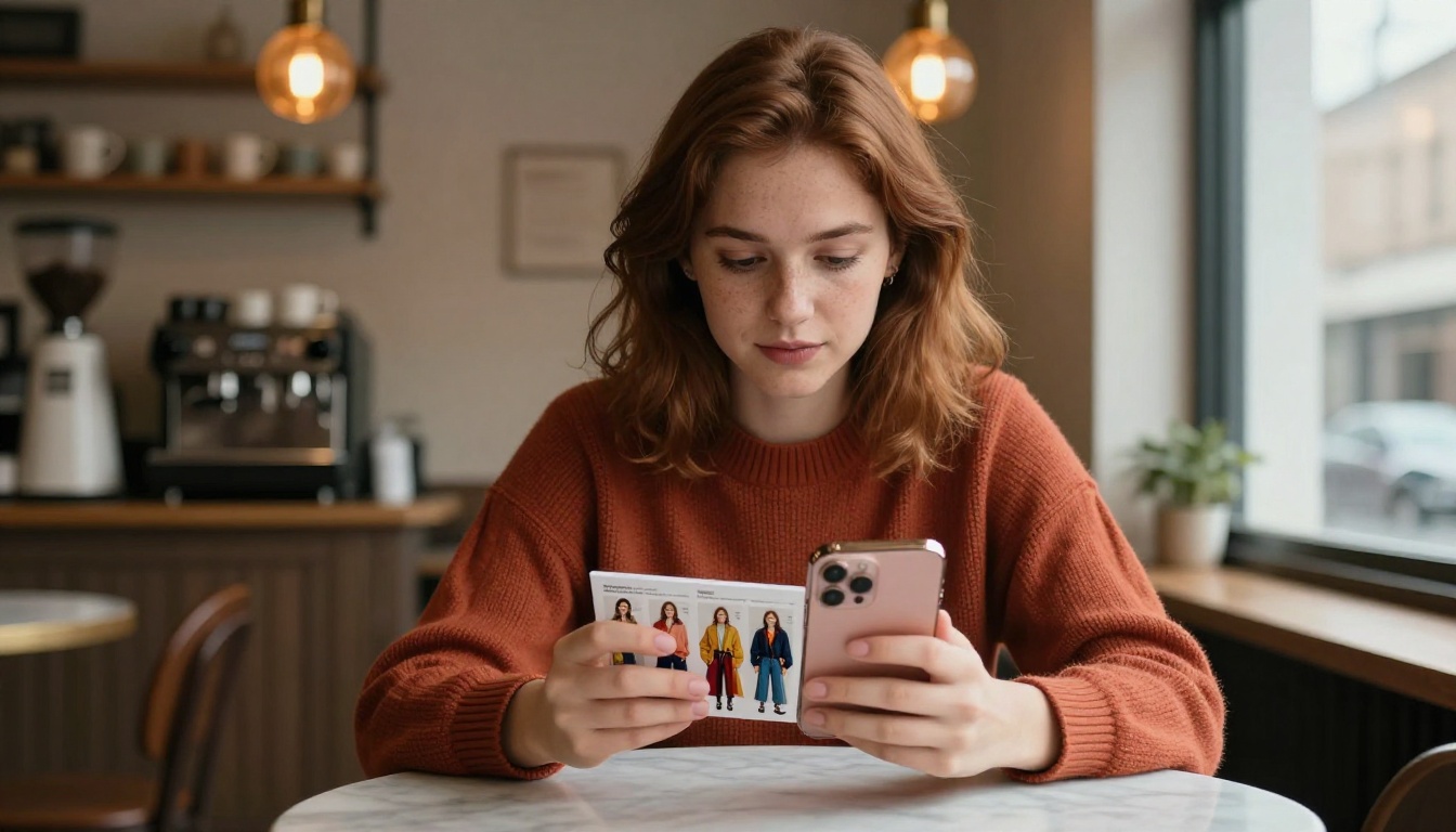 Woman browsing a digital flipbook on her phone at a cozy cafe
