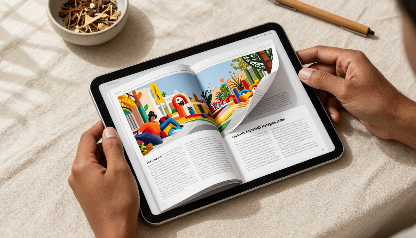 Hands holding an iPad showing a vibrant page-turning flipbook mid-animation