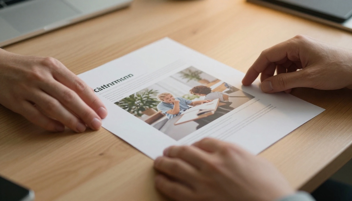 Close-up of hands placing a printed PDF document on a clean white desk surface with directional tungsten lamp light Close-up of hands placing a printed PDF document on a clean white desk surface with directional tungsten lamp light