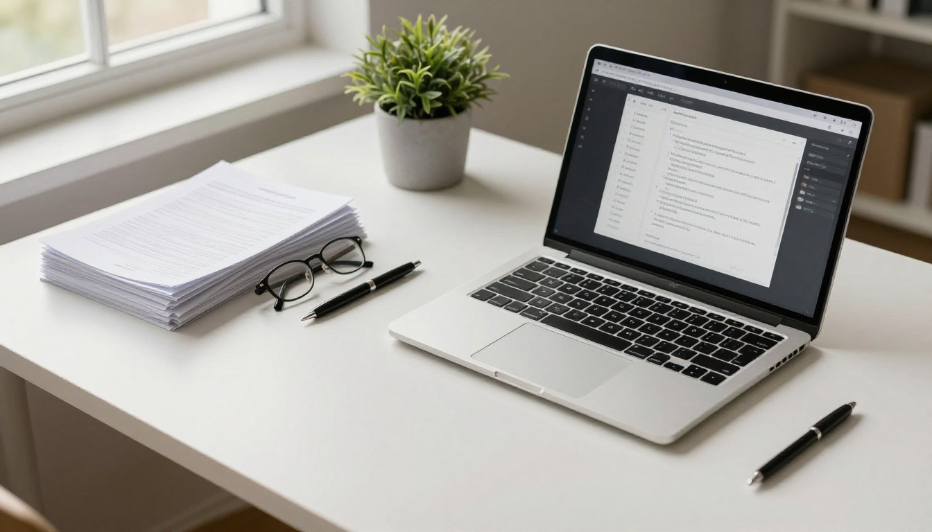Aerial flat lay of a minimalist desk with an open laptop showing a PDF conversion interface and printed documents nearby Aerial flat lay of a minimalist desk with an open laptop showing a PDF conversion interface and printed documents nearby