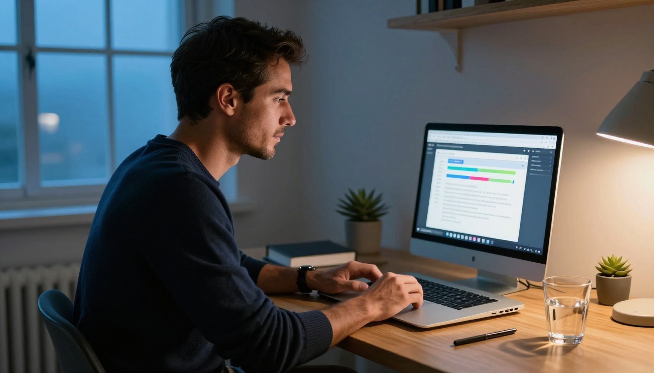 Professional man at home office desk uploading a PDF to a browser-based flipbook converter