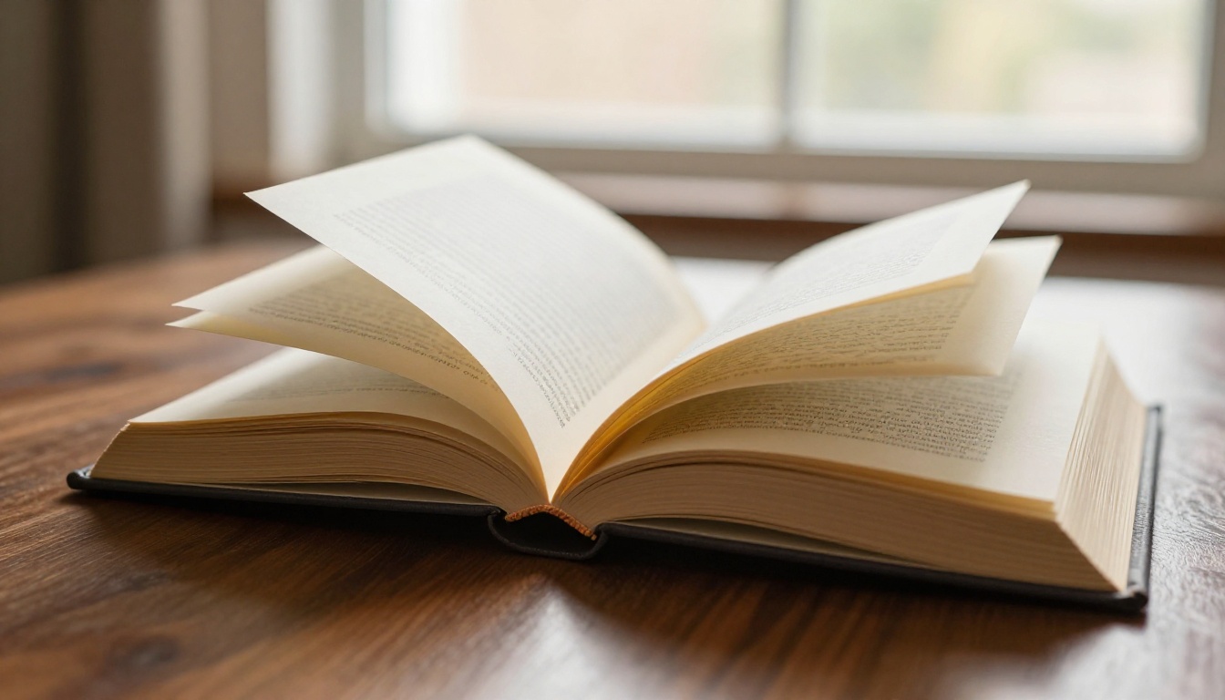 Physical hardcover book pages caught in motion mid-flip with realistic paper curl and soft shadows Physical hardcover book pages caught in motion mid-flip with realistic paper curl and soft shadows