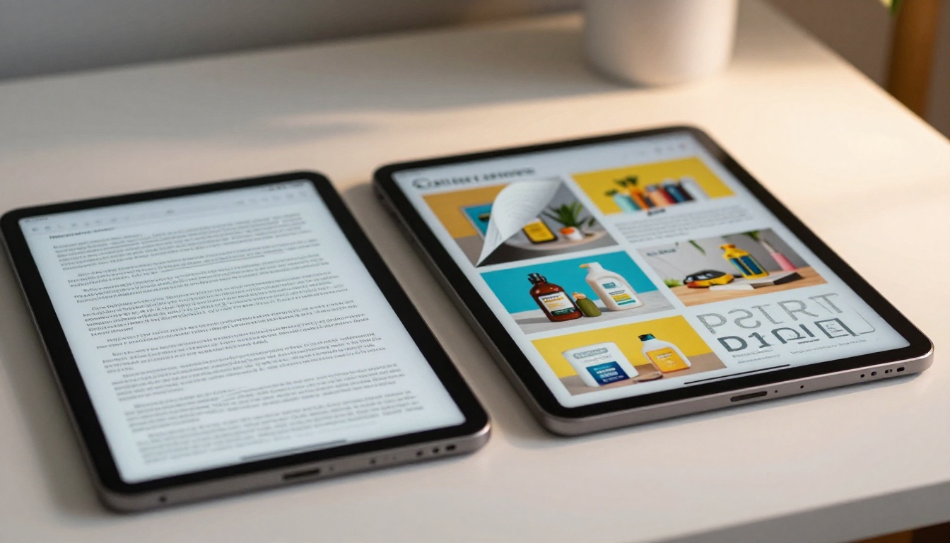 Two tablets side by side showing a flat PDF versus an interactive flipbook with a page mid-curl and colorful imagery