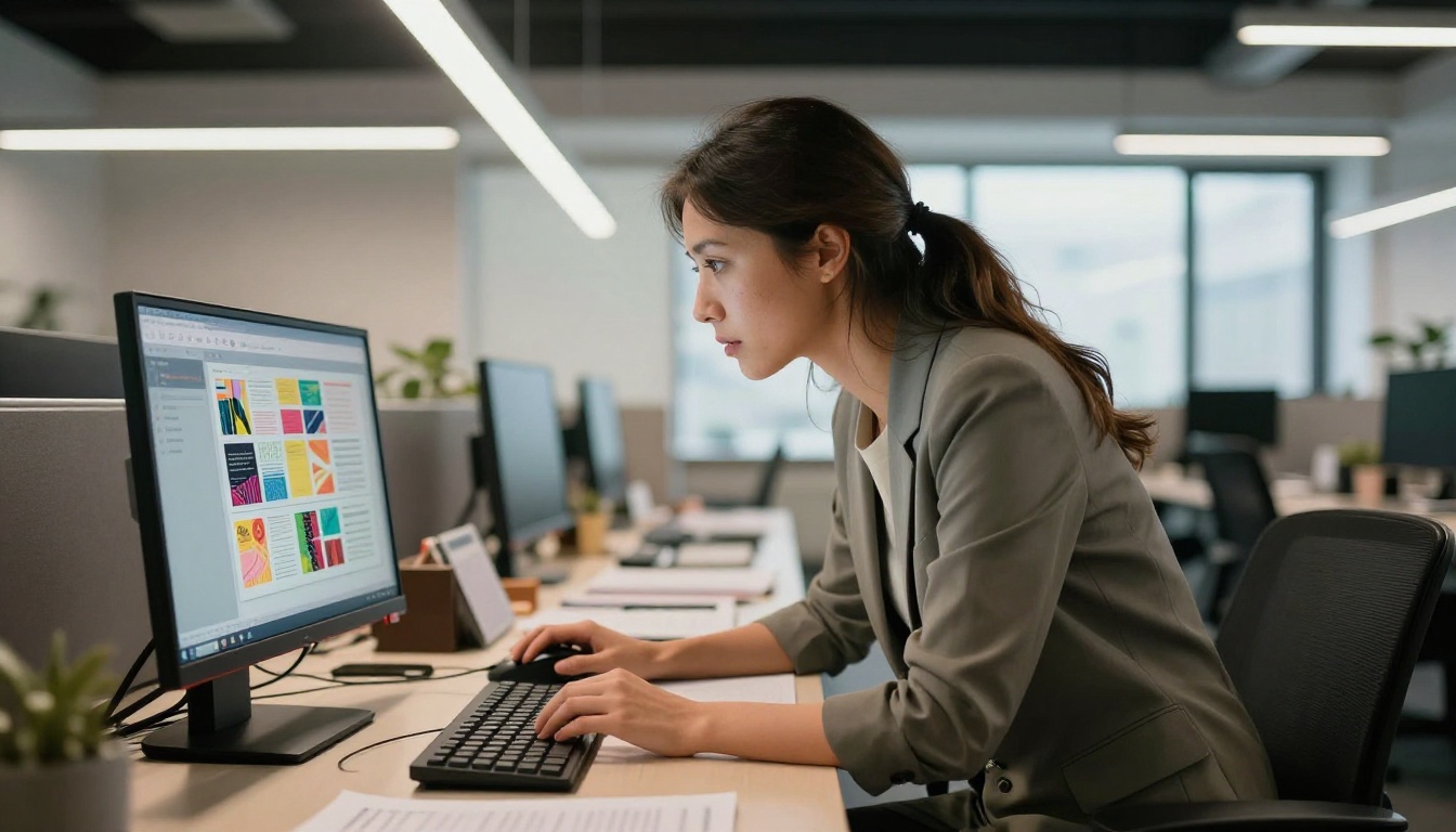 Professional woman leaning forward at her desk reviewing a colorful digital flipbook on a widescreen monitor in a modern office Professional woman leaning forward at her desk reviewing a colorful digital flipbook on a widescreen monitor in a modern office