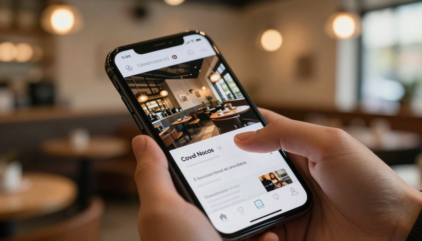 Smartphone held in both hands displaying a mobile-optimized digital flipbook in a warmly lit coffee shop Smartphone held in both hands displaying a mobile-optimized digital flipbook in a warmly lit coffee shop