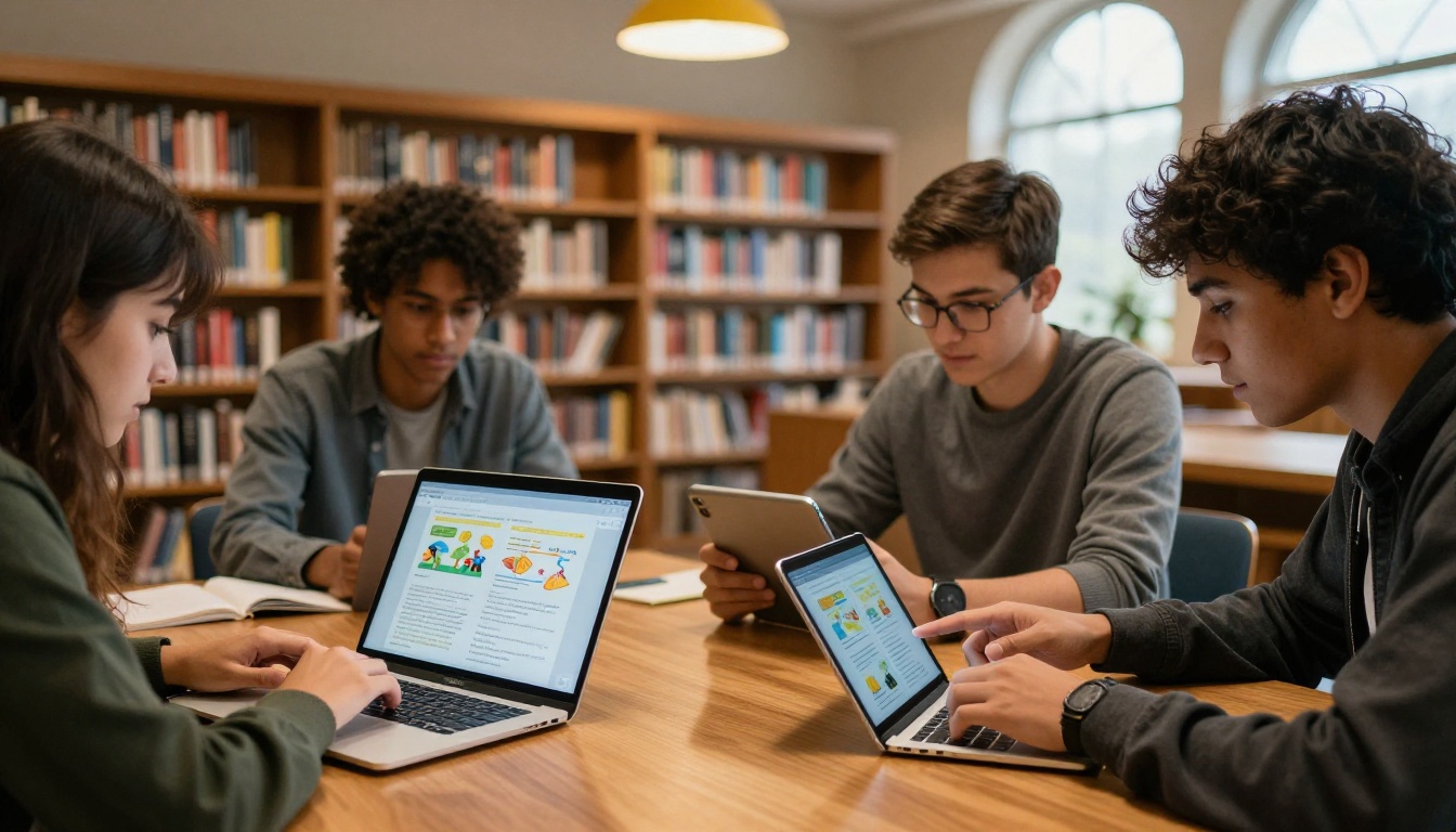 Four university students in a library each using a different device to view the same educational flipbook