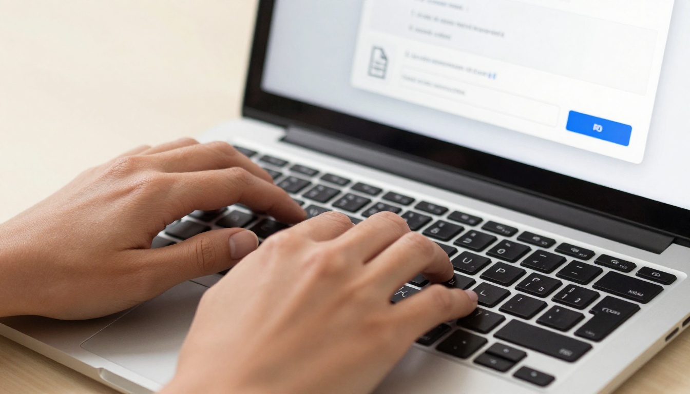 Hands typing on a laptop keyboard with a browser displaying a PDF file upload interface