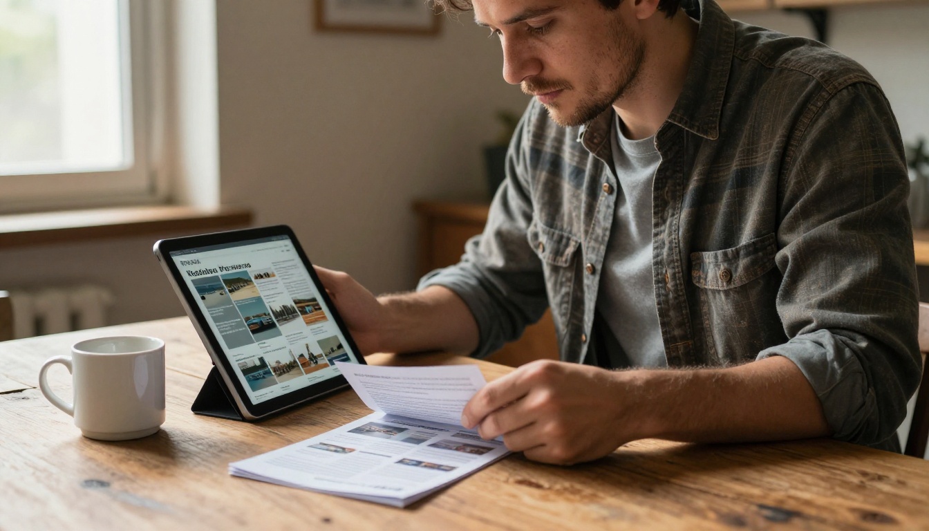 Small business owner in his forties sitting at a rustic table reviewing printed brochures alongside a digital version on a tablet Small business owner in his forties sitting at a rustic table reviewing printed brochures alongside a digital version on a tablet