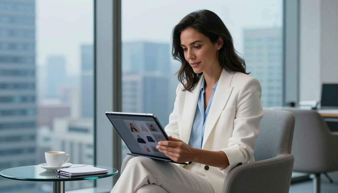 Confident businesswoman reviewing a product catalog flipbook on a tablet with a city skyline behind her