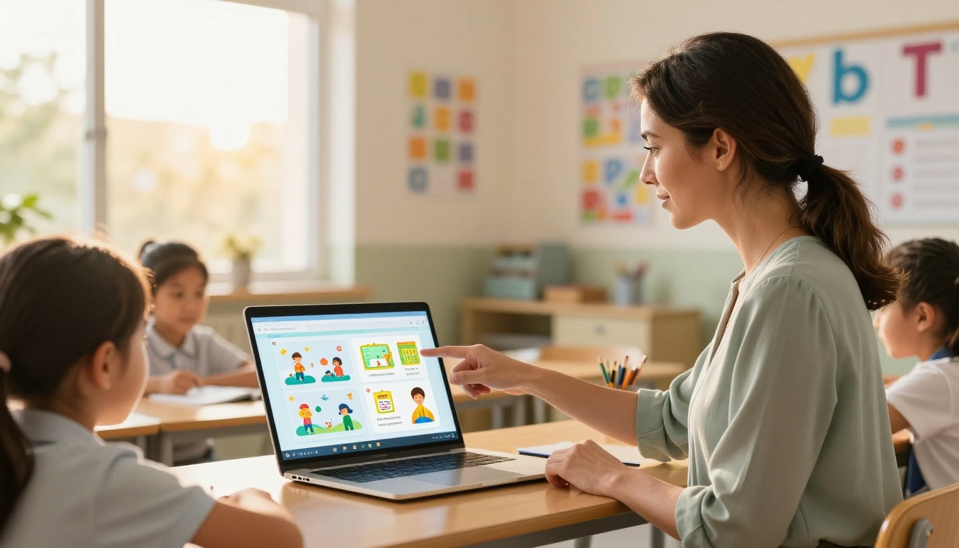 Female teacher showing an educational flipbook on a laptop to engaged students in a bright classroom