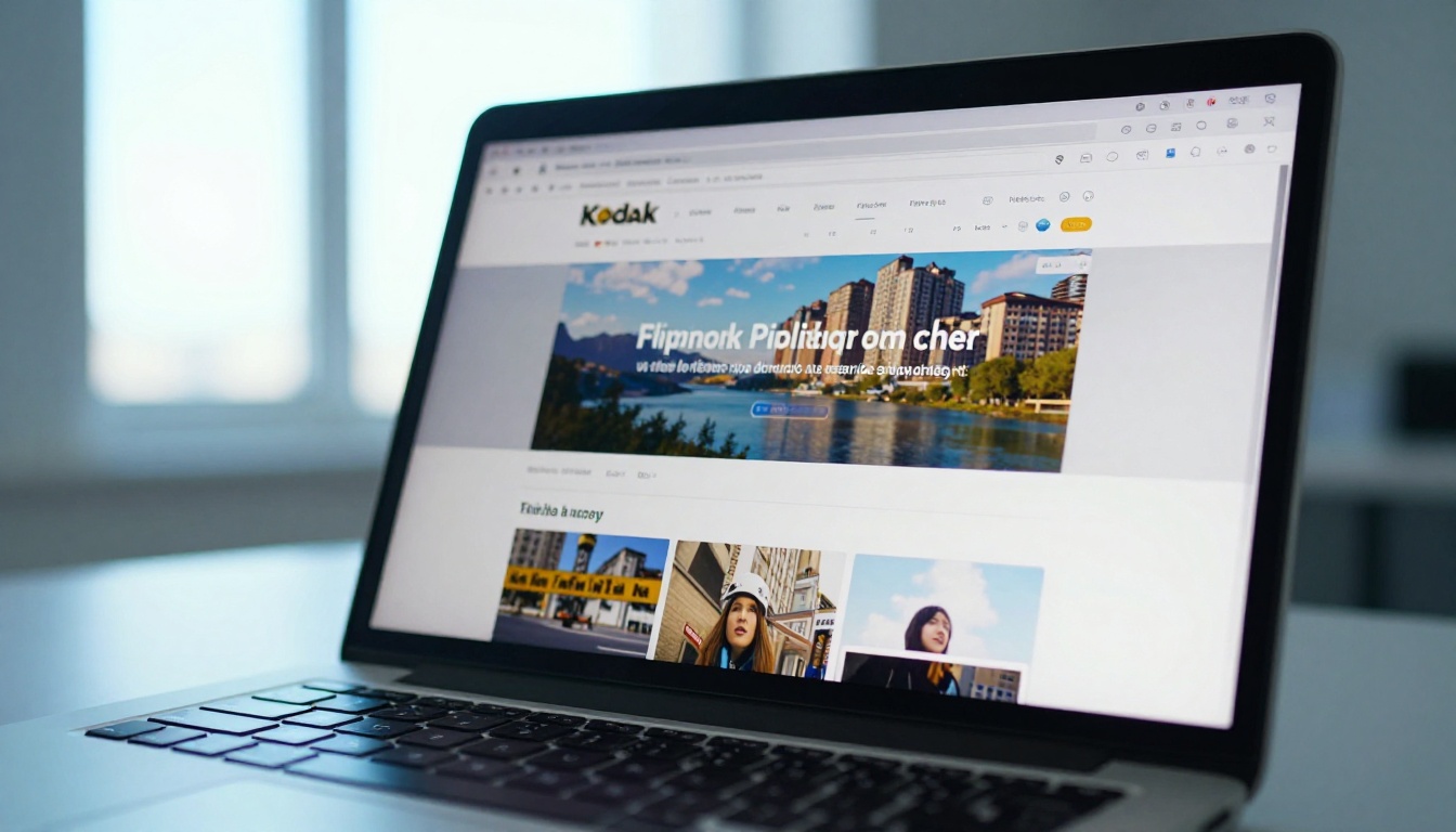 Laptop screen displaying a flipbook publishing dashboard with a colorful UI, keyboard in sharp focus in the foreground Laptop screen displaying a flipbook publishing dashboard with a colorful UI, keyboard in sharp focus in the foreground