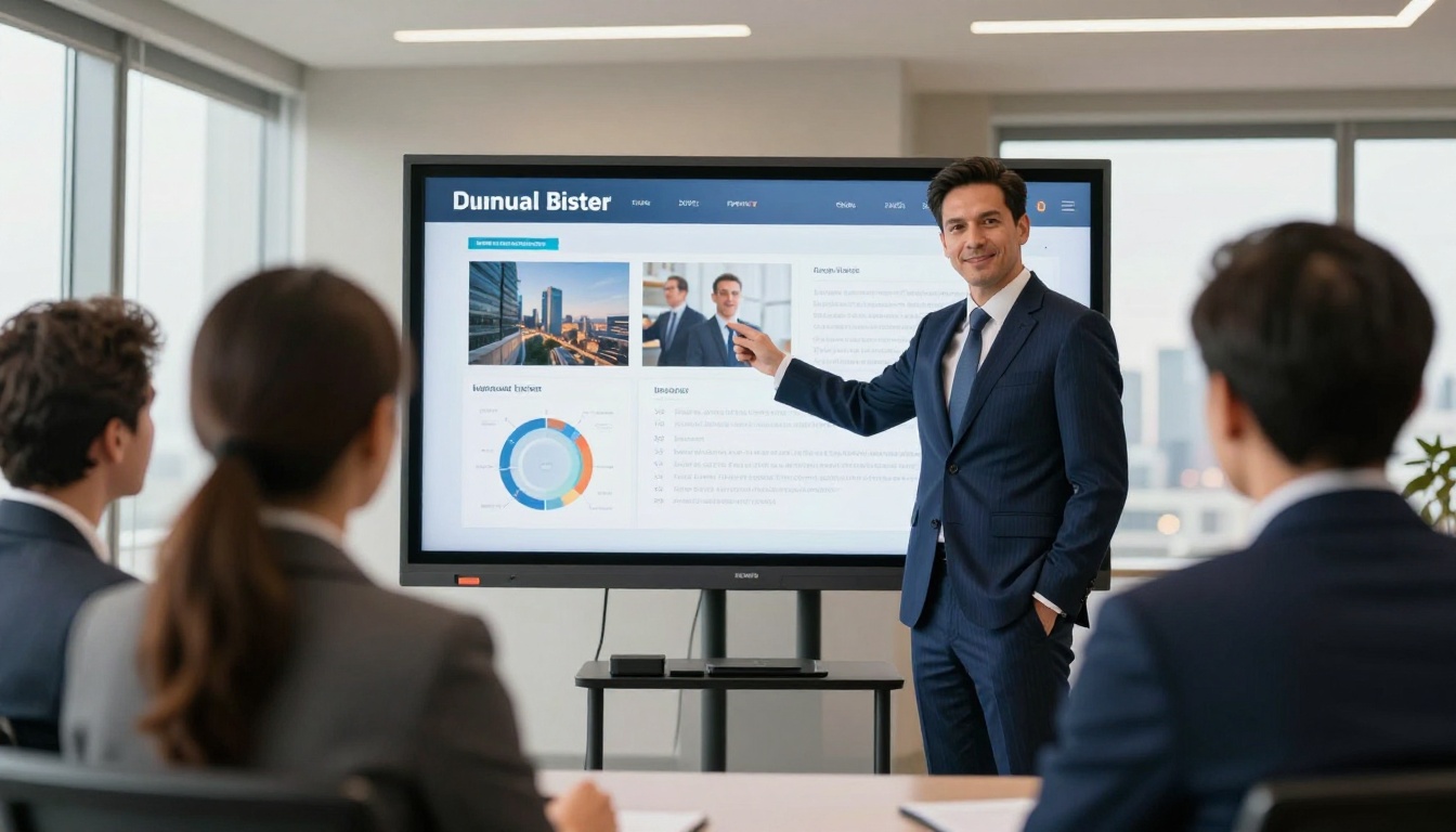 A confident business executive presenting a digital flipbook on a boardroom screen to three colleagues with a city skyline in the background