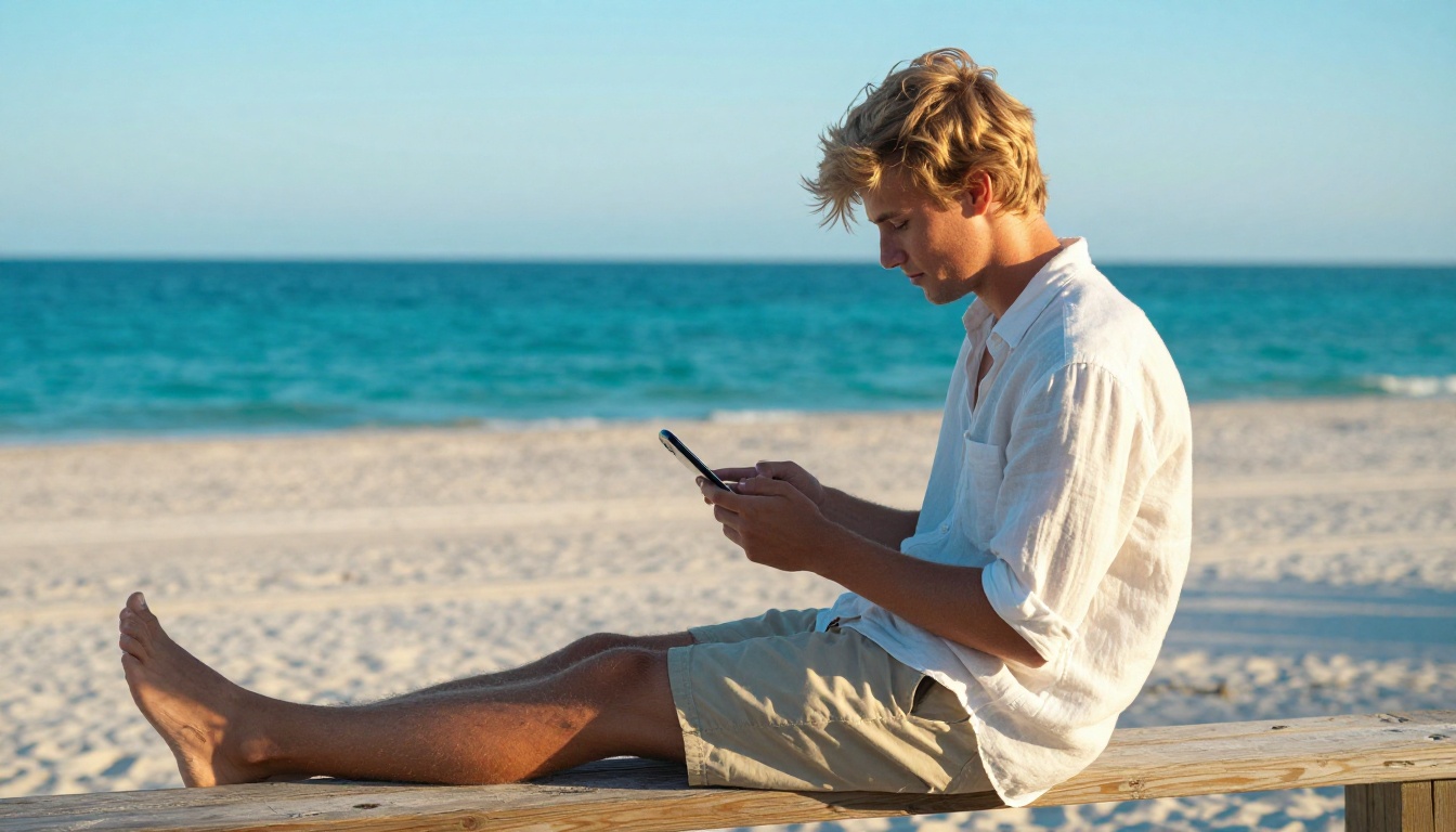 Young man on a beach boardwalk reading a digital flipbook on his phone with a turquoise ocean behind him
