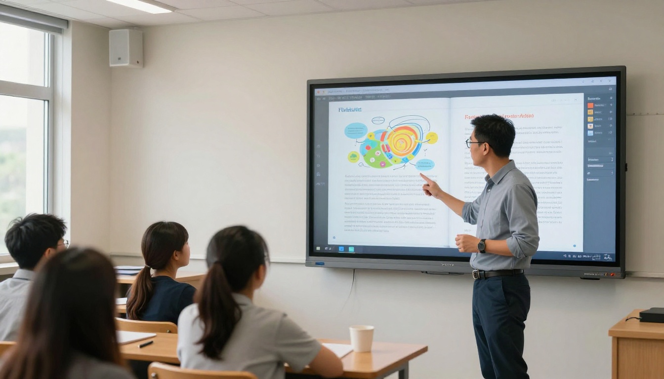 Teacher in a bright classroom pointing at a large display screen showing an interactive digital flipbook, students softly blurred in the background Teacher in a bright classroom pointing at a large display screen showing an interactive digital flipbook, students softly blurred in the background