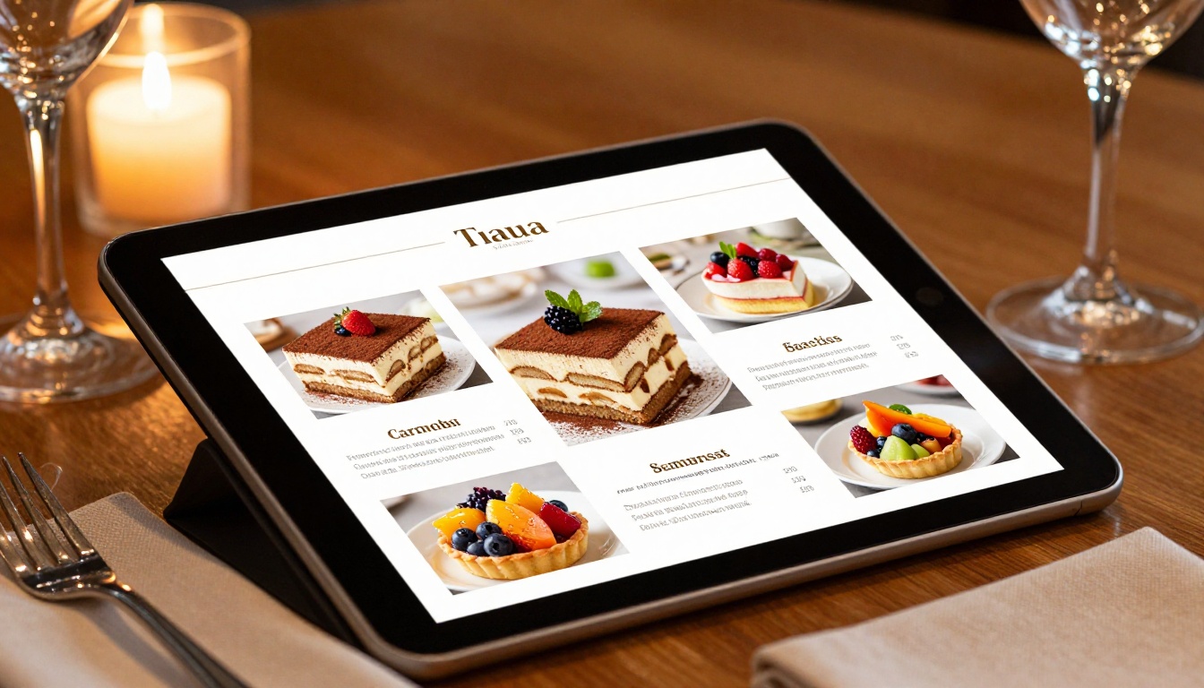 A restaurant tablet on a wooden dining table displaying a beautifully designed digital flipbook menu with food photography and a page mid-turn