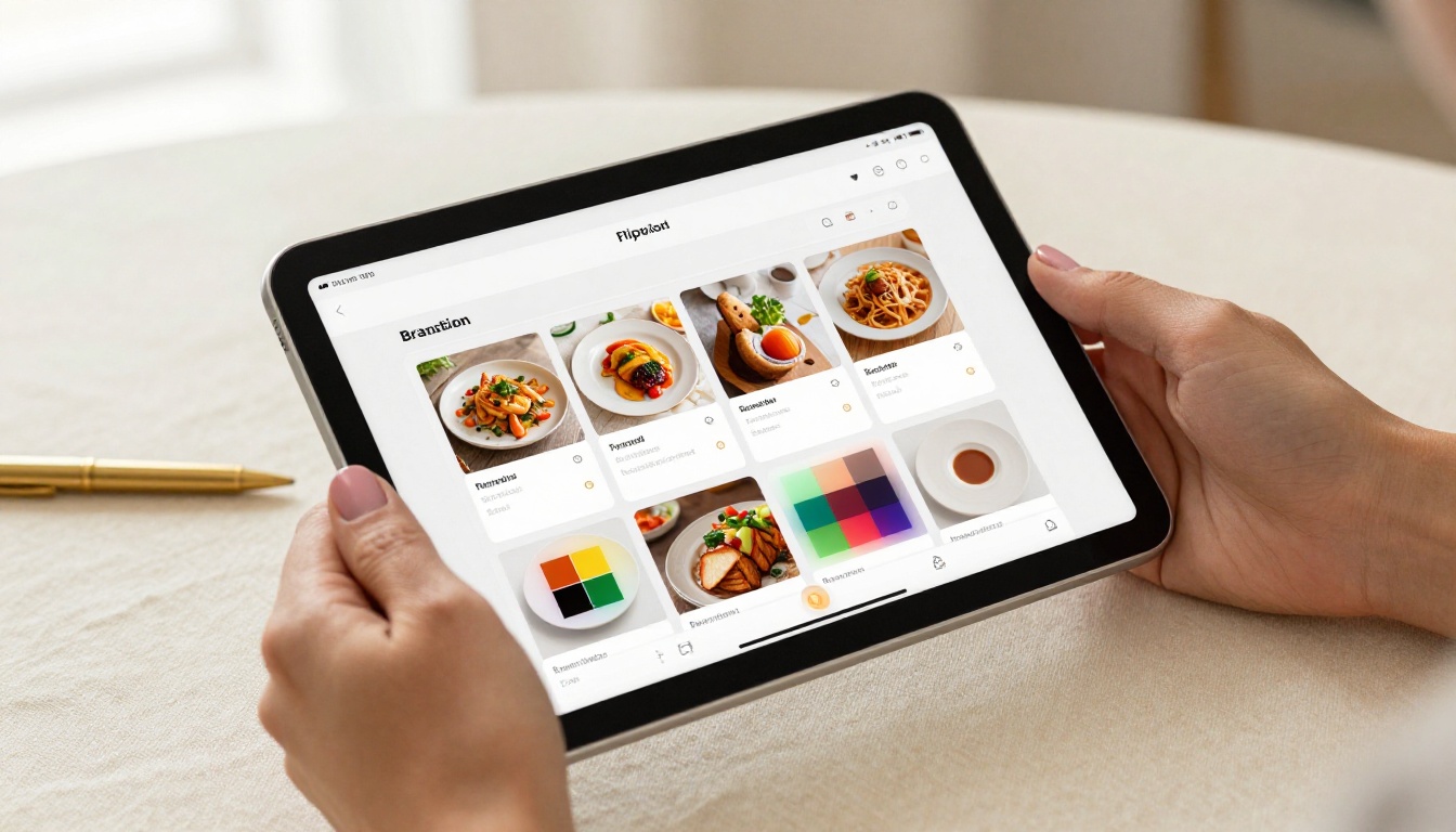 Close-up of a hand holding a tablet showing a flipbook customization interface with a color palette and live preview
