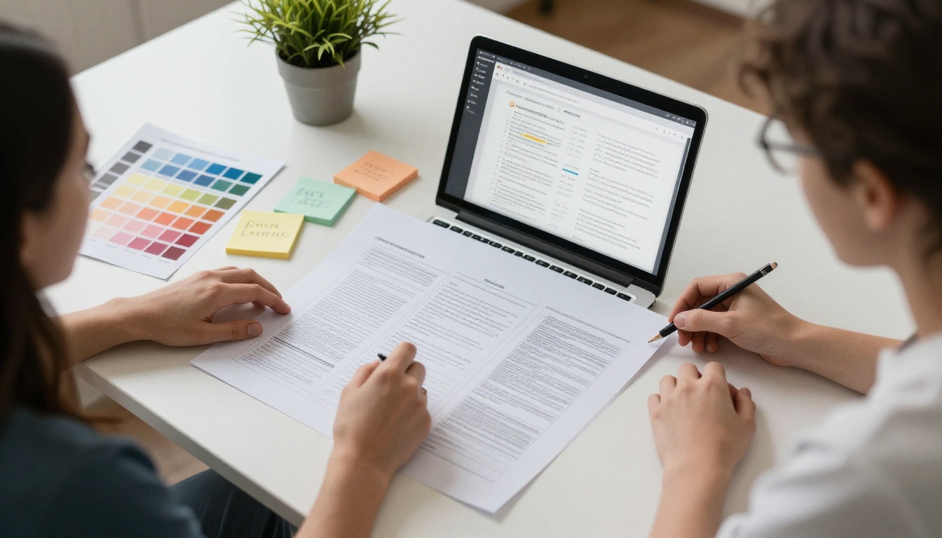 Two designers at a creative agency collaborating over a large PDF layout and its digital flipbook version on a MacBook Two designers at a creative agency collaborating over a large PDF layout and its digital flipbook version on a MacBook