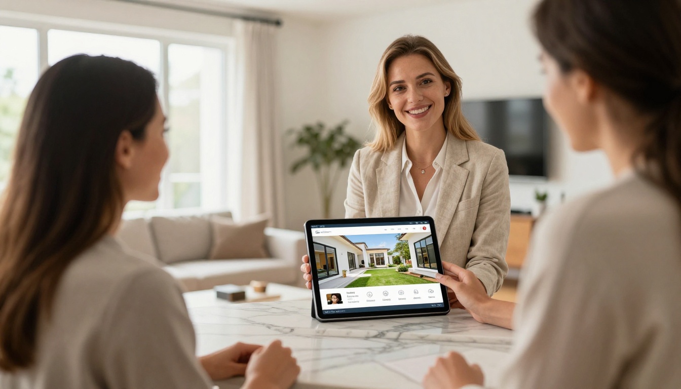 A female real estate agent showing a tablet with a property flipbook to a smiling couple in a bright modern living room