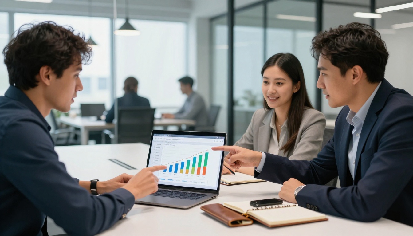 Three marketing professionals around a conference table reviewing a flipbook analytics dashboard on a laptop