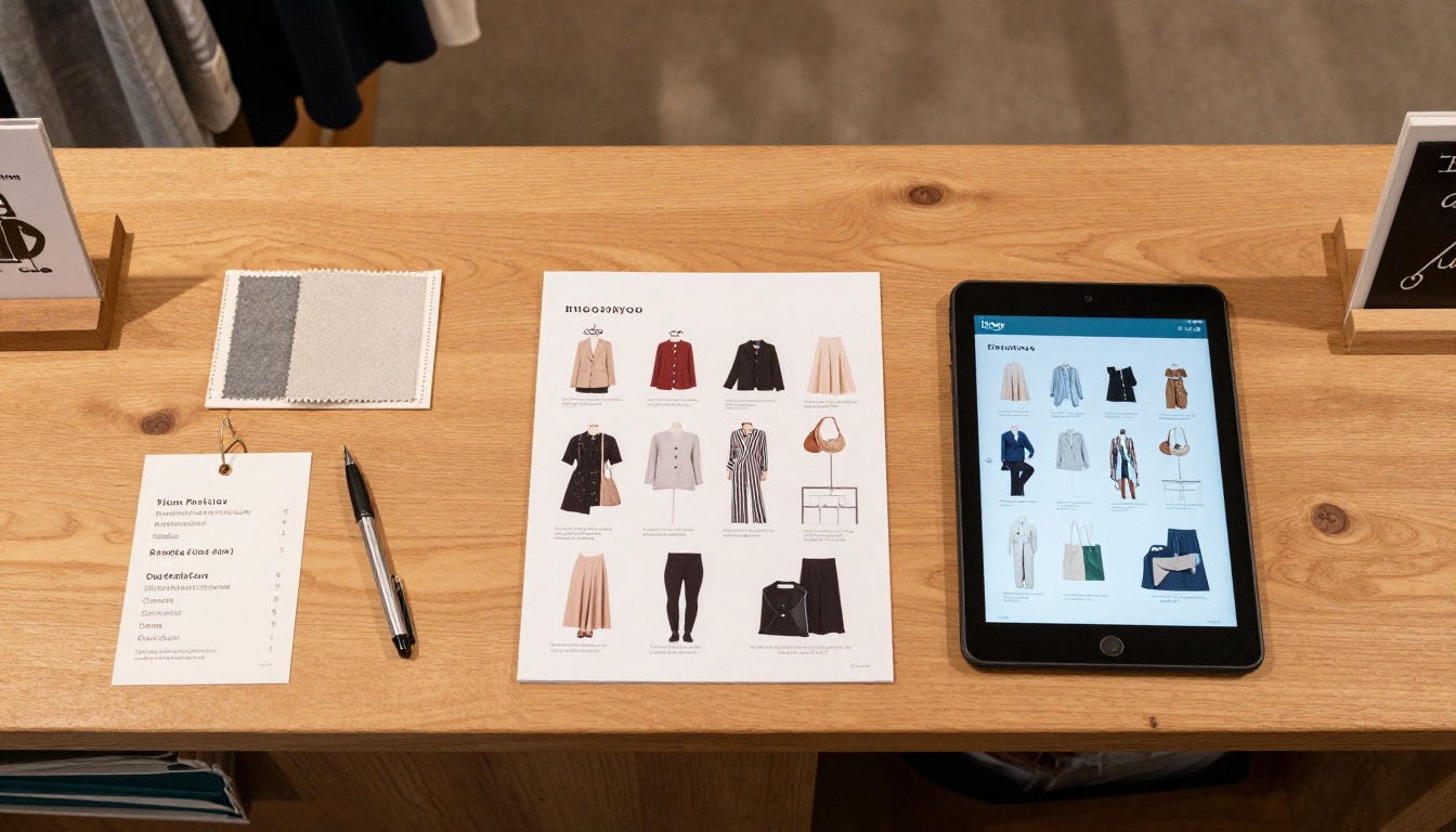 Printed catalog and digital flipbook side by side on a boutique counter