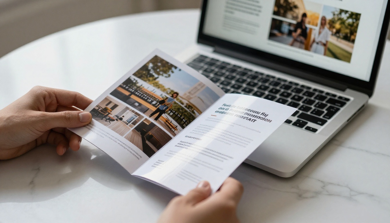 Printed brochure compared to digital flipbook on desk Printed brochure compared to digital flipbook on desk