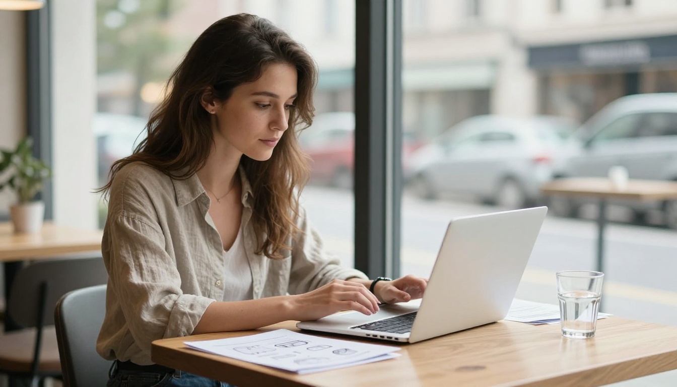 Woman uploading a PDF file to a laptop at a bright cafe