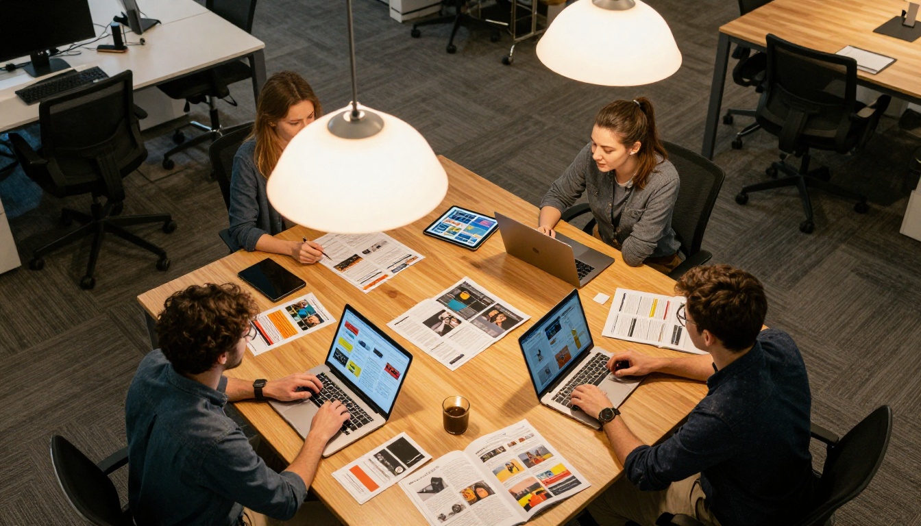 Marketing team reviewing digital publications around a conference table Marketing team reviewing digital publications around a conference table