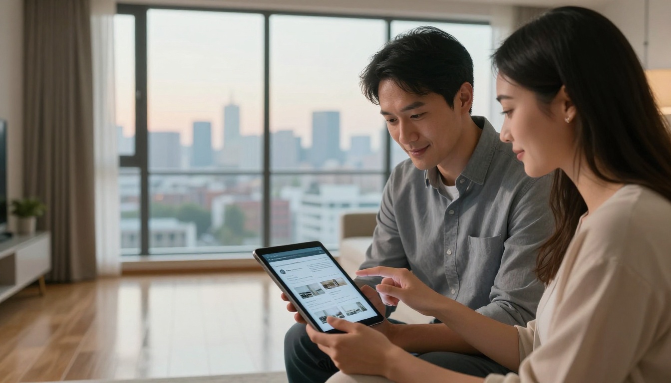 Real estate agent presenting digital property brochure to clients Real estate agent presenting digital property brochure to clients