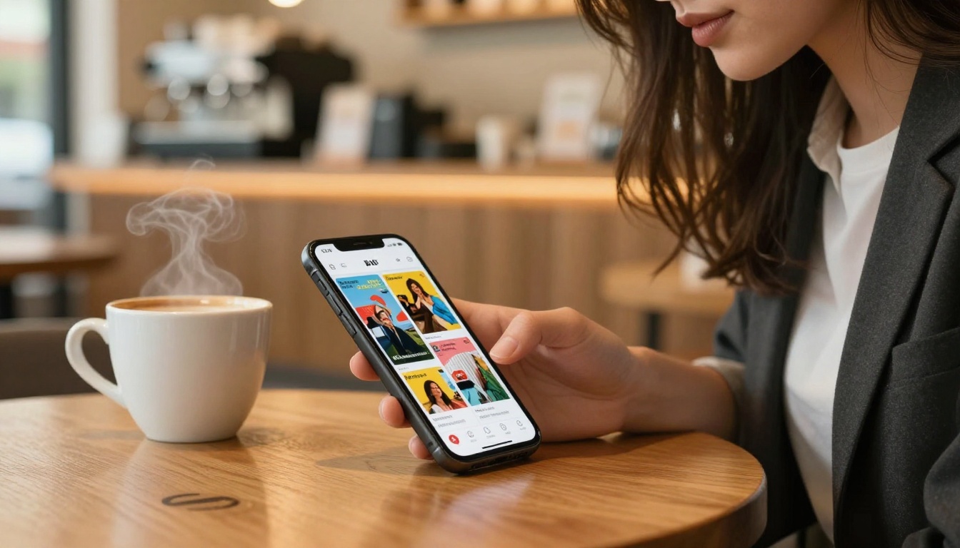 Woman browsing a digital brochure on her smartphone at a coffee shop Woman browsing a digital brochure on her smartphone at a coffee shop