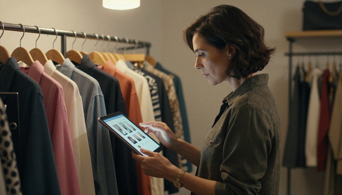 Fashion boutique owner reviewing a digital lookbook on an iPad near a clothing rack
