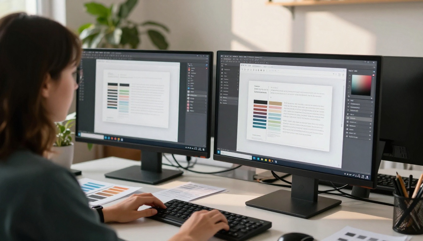 Graphic designer comparing PDF layout and flipbook preview on dual monitors Graphic designer comparing PDF layout and flipbook preview on dual monitors