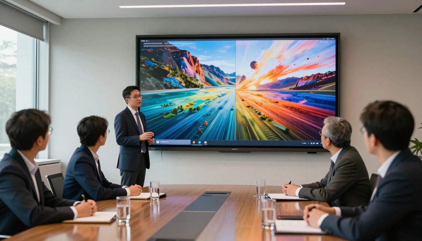 Business executive presenting interactive brochure on a large boardroom display Business executive presenting interactive brochure on a large boardroom display