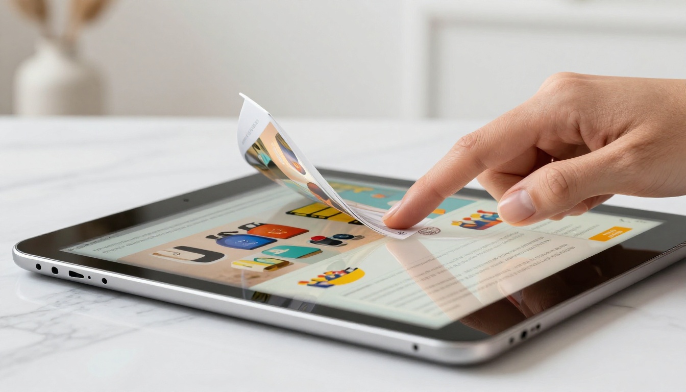Person swiping a digital flipbook on a tablet showing a vivid page-turn animation on a white marble surface