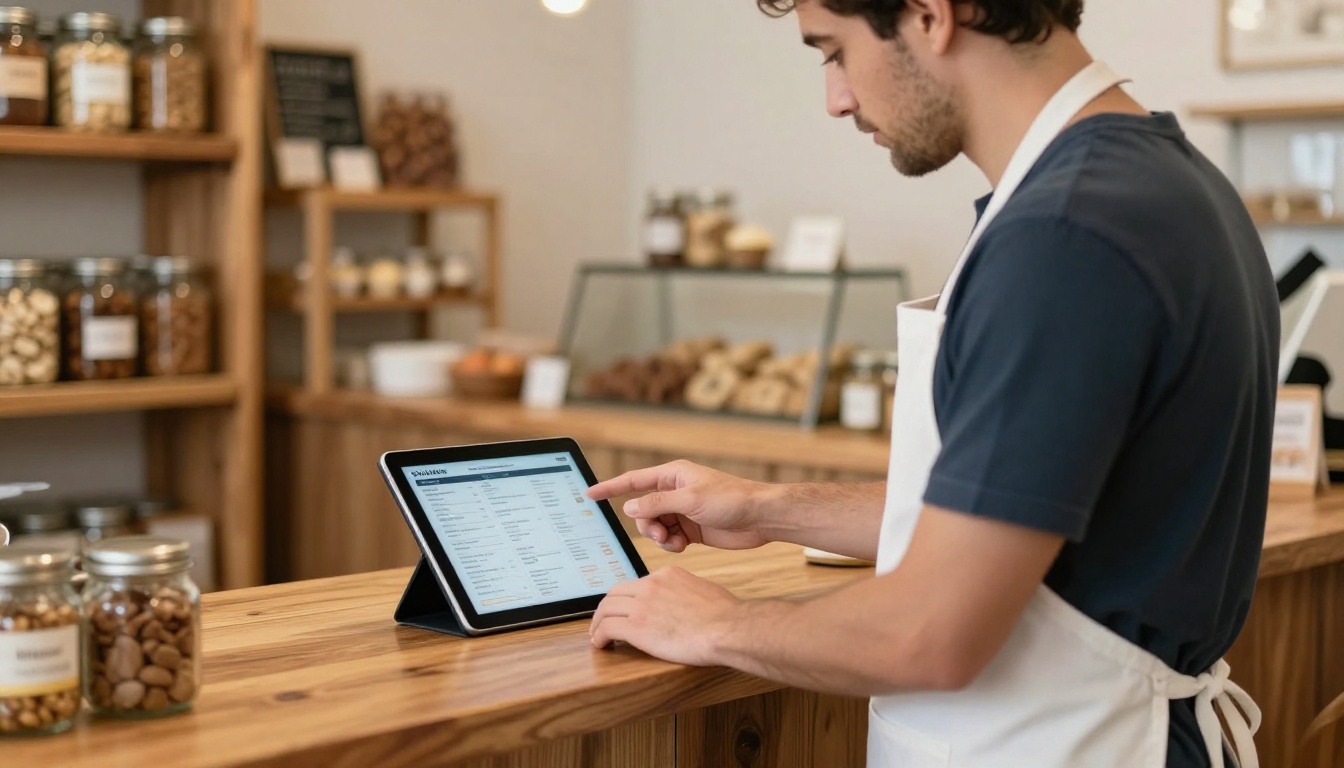 Food business owner showing a digital catalog to a customer on a tablet at a wooden counter