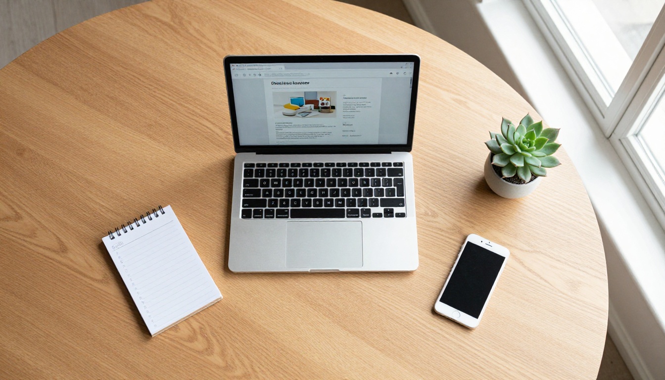 Overhead desk workspace with an open laptop showing a PDF ready for upload