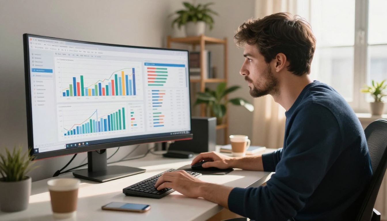Professional reviewing content performance analytics dashboard with bar charts and metrics on an ultrawide monitor